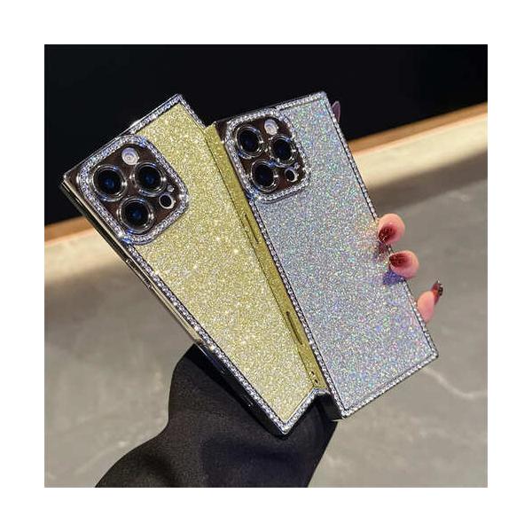 iPhone ケース スクエア型 ビジュー ストーン キラキラ かわいい おしゃれ ラメ グリッター スパンコール 韓国 レトロ カバー スマホ きれいめ 耐衝撃 ゴールド