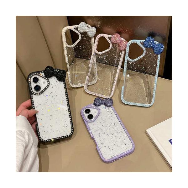 iPhone ケース ラメ グリッター クリア 透明 スマホケース カバー ふちだけ フレーム 色 3D リボン 立体 キラキラ ストーン ビジュー かわいい 韓国 おしゃれ