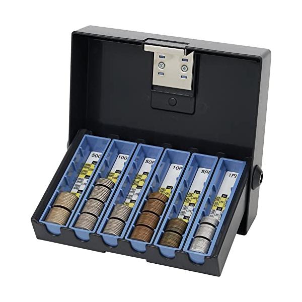 硬貨専用のコンパクトレジスターフタ付きで持ち運びにも便利コインボックスは入れ替えや組み合わせ自由サイズ：幅216.5×奥行187×高さ43mm、500g収納枚数：各50枚500円・100円・50円・10円・5円・1円