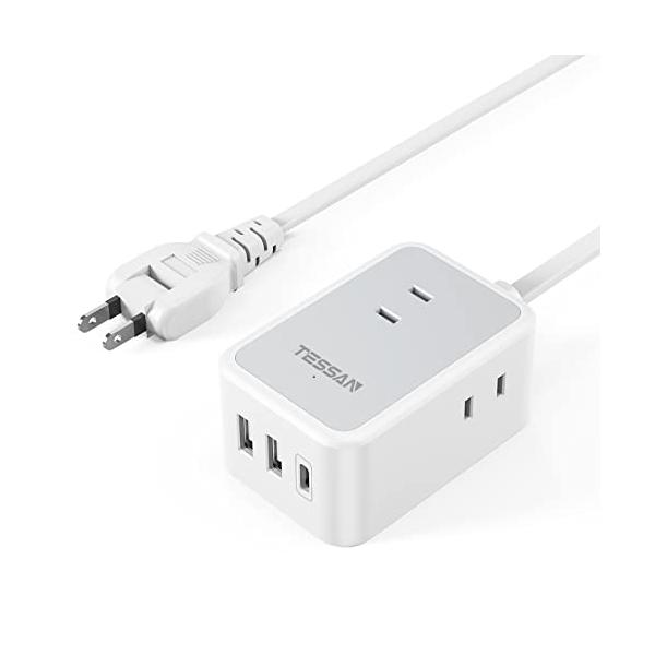 延長コード 2m 電源タップ usb付き TESSAN usb-c コンセントタップ 3個AC口 USB-C 1ポート USB-A 2ポート 蛸足コンセント タコ足配線 テーブルタップ