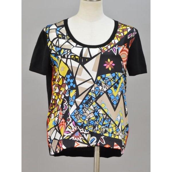 EMILIO PUCCI - エミリオプッチ EMILIO PUCCI 総柄 シルク切替 ニットセーター XSサイズ ブラック×マルチカラー イタリア製 レディース F-L5834 エミリオプッチ EMILIO PUCCI 総柄 シルク切替 ニットセーター