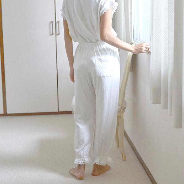 珍しい オーガニックコットン フェミニンレースのロングパンツ Nanadecor M ホワイト リラックスフリルパンツ オーガニックコットン ルームウェア 部屋着 Educationnewz Com