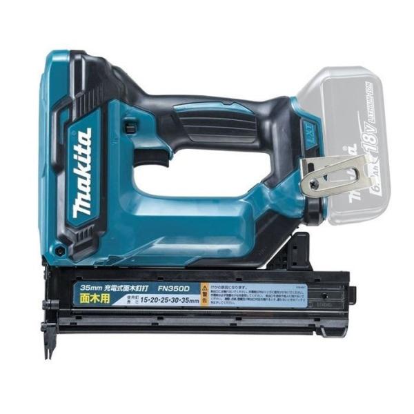 マキタ　18Ｖ　充電式面木釘打　FN350DZ　35mm　本体・ケースのみ■ケース付／※バッテリ・充電器別売■狙い易い先端形状で安定した打ち込みを実現　全方向にしっかりスパイク/狙い易い中央射出■面木以外にも、巾木や窓枠等へ打ち込み可能！仕...