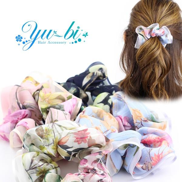 シュシュ/花柄 シフォン 金刺繍 バイピング ヘアゴム ch20