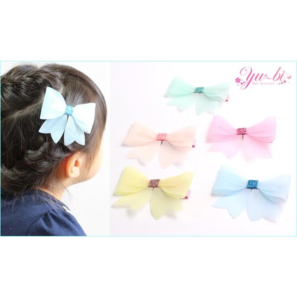 キッズヘアクリップ/パステル シフォン リボン ki83 黄色/水色/ミント
