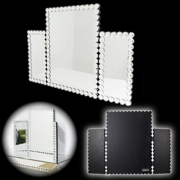 MIRAYU 　三面鏡 クロシオ 三面鏡 おしゃれで豪華なクリスタル調装飾 卓上 スタンド