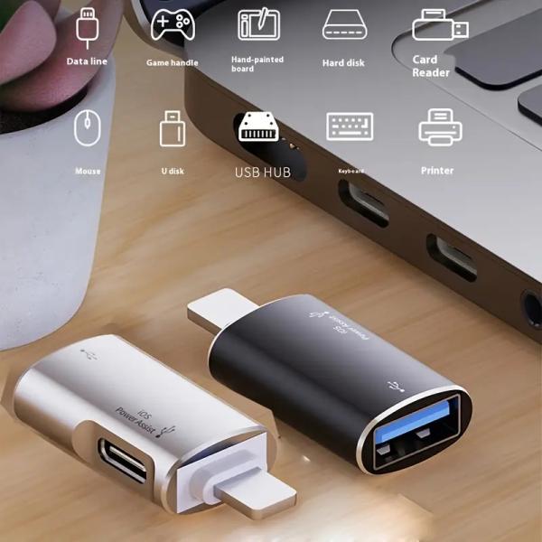 コンパクト2-in-1 OTGアダプター for iPhone & iPad 高速USB 3.0 Type-C & USB マルチポートコンバーター データ転送アダプター 電力アシスト