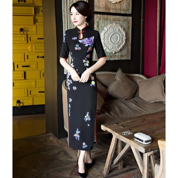 チャイナドレス 花柄 ロング レディース 五分袖 スカート 膝丈 ドレス チャイナ服 セール ワンピース 優品 コスプレ 4年保証 カジュアル パーティードレス セクシー