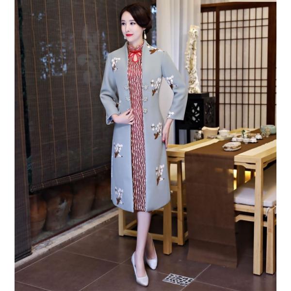 アウター レディース トップス 長袖 希少 花柄 ロング 羽織り物 優品 秋 春服 上着 サイドスリット セール チャイナドレス