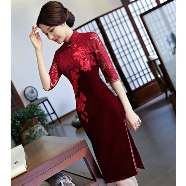 チャイナドレス 刺繍 膝丈 花柄 スカート 体型カバー エレガント パーティードレス Seal限定商品 優雅 ワンピース チャイナ服 ドレス