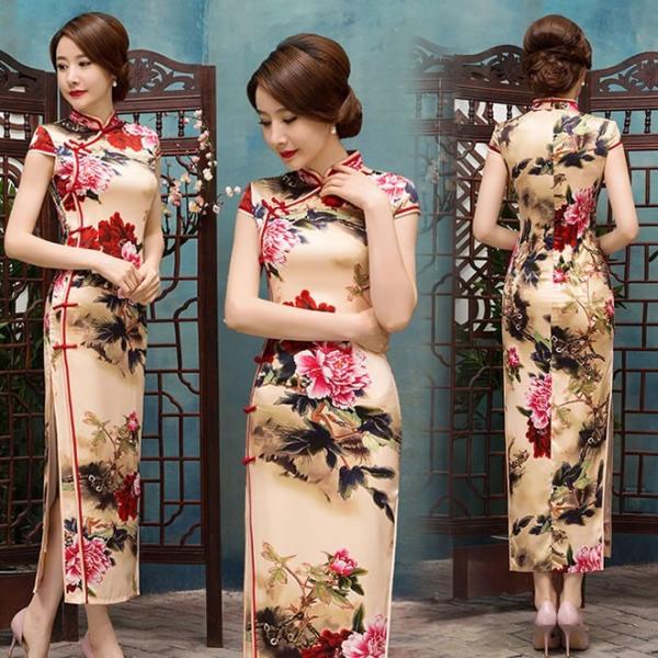チャイナドレス 半袖 ロング 花柄 スカート 体型カバー パーティードレス ドレス ワンピース 優雅 エレガント お買得 チャイナ服