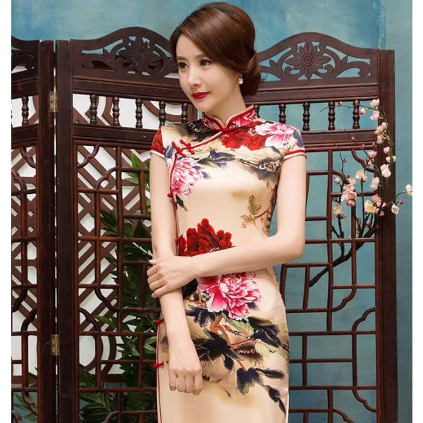 チャイナドレス 半袖 ロング 花柄 スカート 体型カバー パーティードレス ドレス ワンピース 優雅 エレガント お買得 チャイナ服