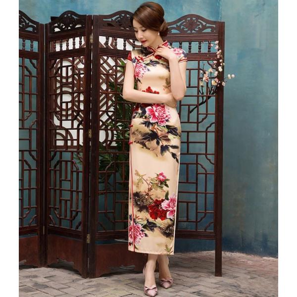 チャイナドレス 半袖 ロング 花柄 スカート 体型カバー パーティードレス ドレス ワンピース 優雅 エレガント お買得 チャイナ服
