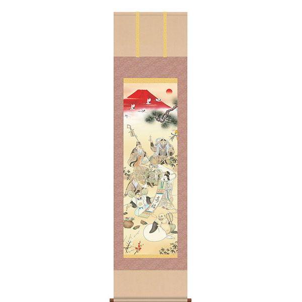 掛軸 (掛け軸) 開運七福招来図 江本修山（尺三立・桐箱入り）約横44.5