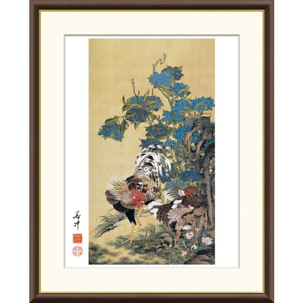 伊藤若冲 紫陽花双鶏図 （F6サイズ）（紐・フック付） 日本の名画 約縦