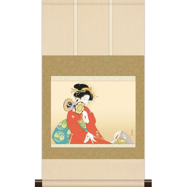 掛軸 上村松園 鼓の音 掛け軸 複製画 木箱 紙箱 美品 掛軸 掛け軸 本格ミニ掛軸 鼓の音 上村松園 約横35cm×縦64cm