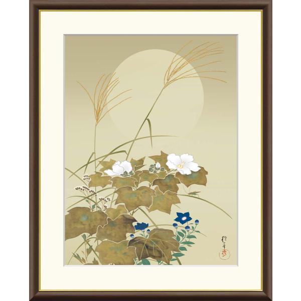 酒井抱一 秋草に螽斯図 （F8サイズ）（紐・フック付） 日本の名画 約縦61×横49.5cm インテリアアート（額絵） 伝統の日本画 g8622 J2-083 額入 リビング 玄関