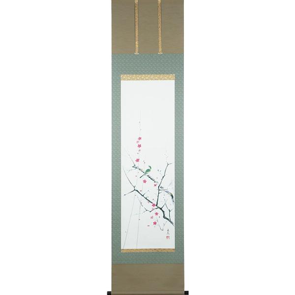掛軸 (掛け軸) 春用 紅白梅に鶯 中谷文魚 半切立 約横47cm×縦