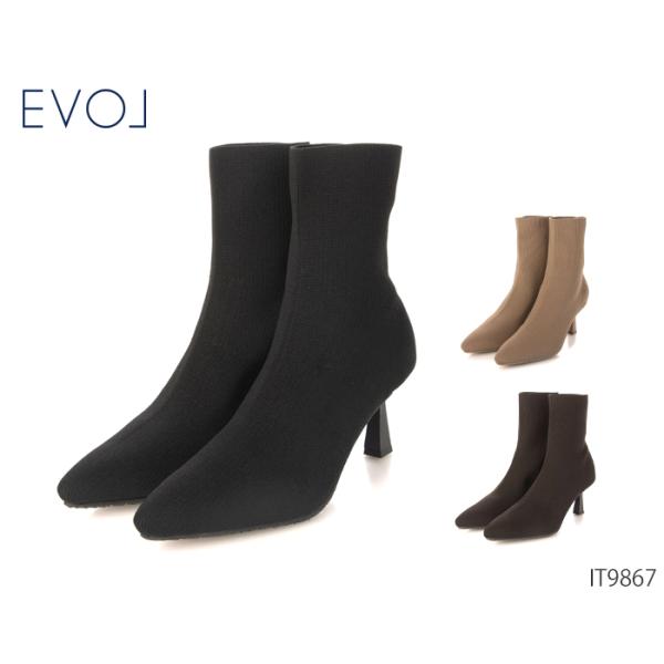 EVOL（イーボル） 7cmヒール ポインテッドトゥ ニットストレッチブーツ