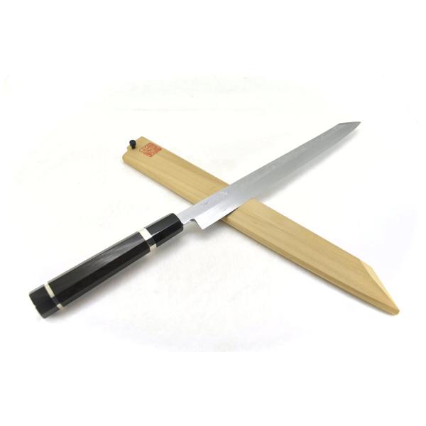 唯千里オリジナル堺製本霞青二鋼墨流し 切付柳刃 300 mm 【黒檀八角