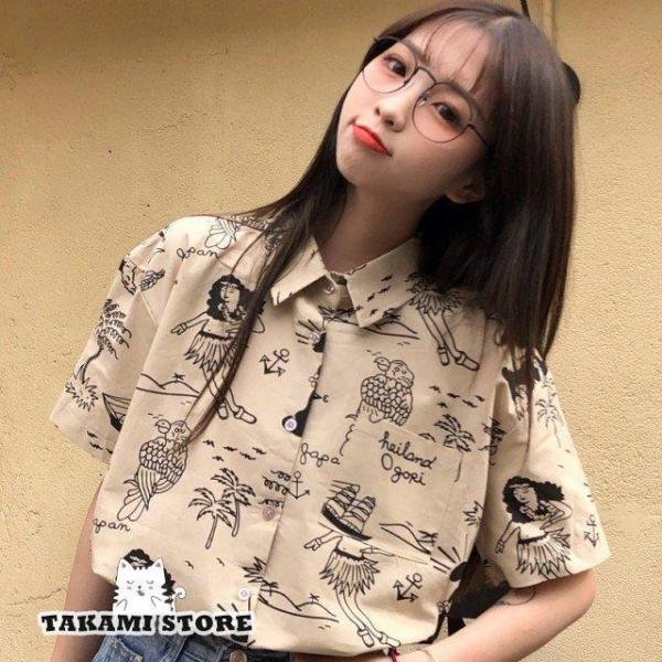 シャツ レディース ス 半袖 春 夏 柄シャツ 襟付き ブラウス アロハシャツ 襟付きシャツ カジュアル ゆったり 羽織もの 大きいサイズ 総柄