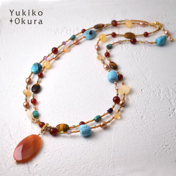カーネリアントップ付き 天然石ミックスカラーロングネックレス