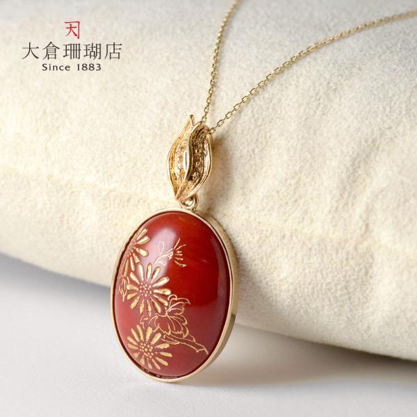 サンゴ　オーバル型ペンダントトップ　K18 K18 血赤珊瑚 金彫刻 オーバルペンダントトップ : ユキコ オオクラ