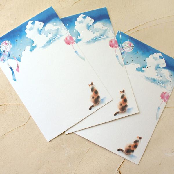 猫 ポストカード 夏はがき 三井ちかこ3枚入り 三毛猫と風鈴 絵葉書