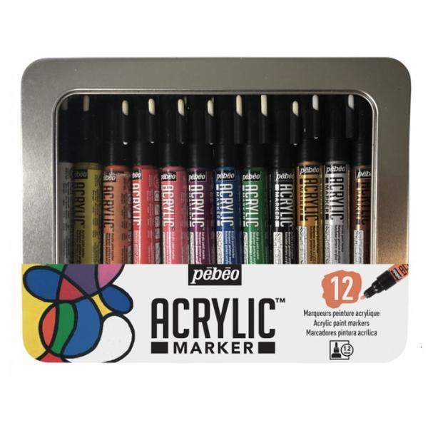 水性アクリリックマーカー1.2mmラウンドのお得な12色セットです。メタルボックス入り。　[セット内容] 01ホワイト、02イエロー、05オレンジ、08レッド、09ピンク、13バイオレッド、17シアン、23グリーン、36ブラック、56プレシ...