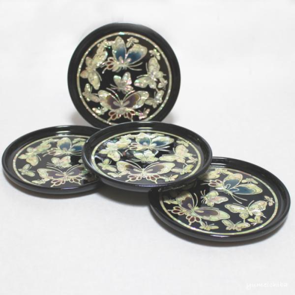 螺鈿ラデン茶托【新品】6枚組 韓国螺鈿茶托(蝶の舞い)4枚セット : チマチョゴリと韓国雑貨の専門店夢