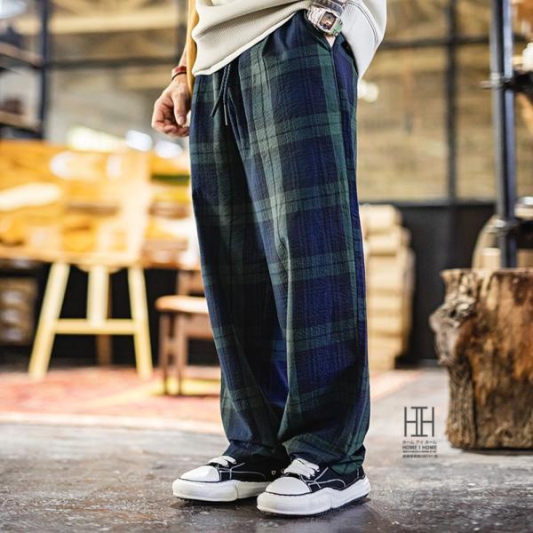 イージーパンツ カジュアルパンツ メンズ ロング丈 チェック柄 綿 100 ゴムウェスト ブルーグリーン タータンチェック Black Watch おしゃれ 春 夏 秋 ズボン