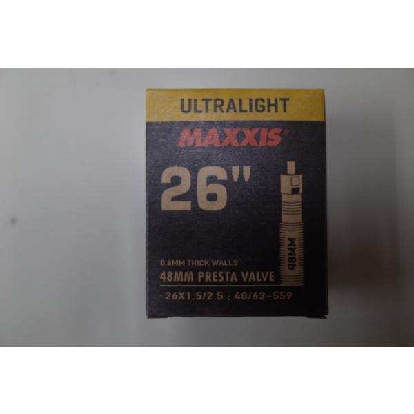・MAXXIS　ULTRALIGHT(ウルトラライト)チューブ。・サイズ：26x1.5/2.5。バルブ長：48mm。・重量：130g。