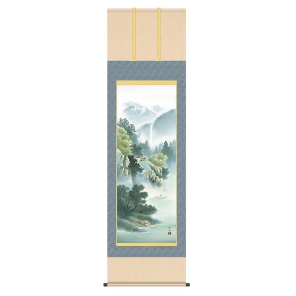 水墨画 掛軸 風景 和紙 木箱付き　佐伯峰水 ☆掛軸・山水画・木箱付き 水墨画 掛軸 風景 和紙 木箱付き 佐伯峰水