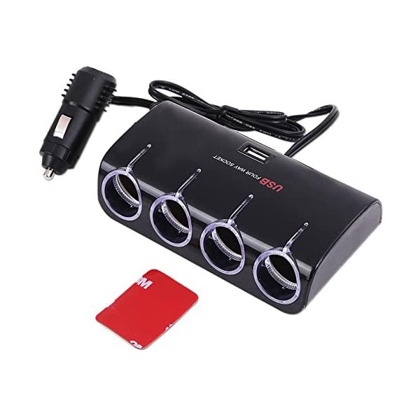 シガーソケット カーチャージャー USBポート LEDライト 4連 (ブラック)