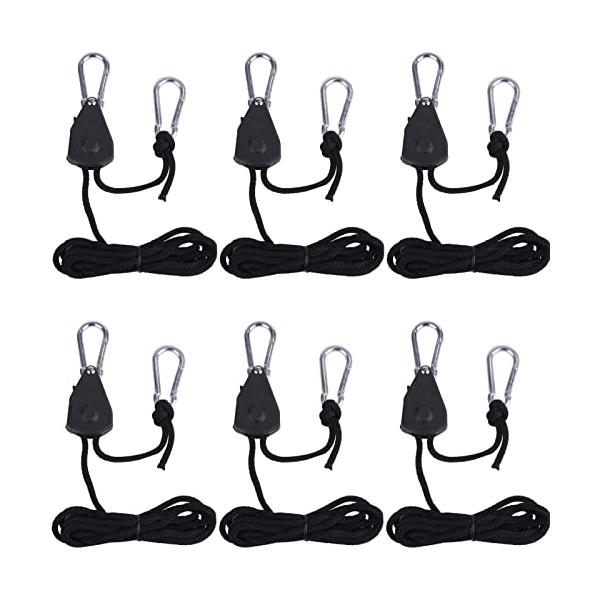 ロープラチェット 荷造りベルト ロープタイトナー キャンプ用品 ロープテンショナー ロープハンガー カラビナ 吊り下げ 耐荷重 68kg/対 6個 ブラック