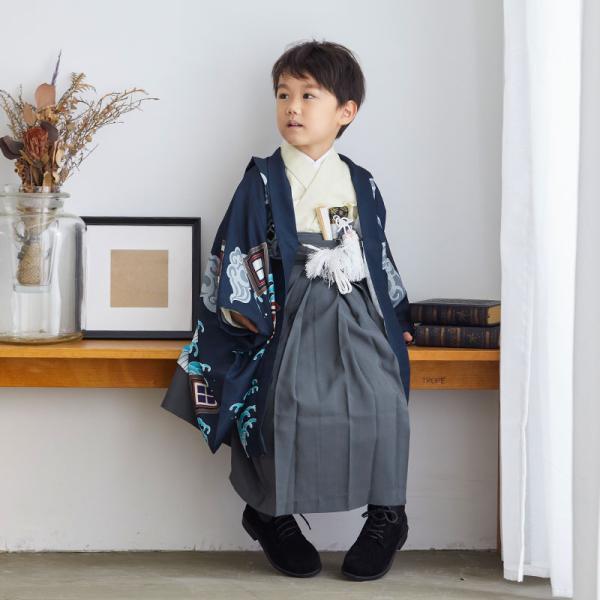 七五三 着物 レンタル 753 5歳 男の子 濃紺龍に波×グレー瑞雲 端午の