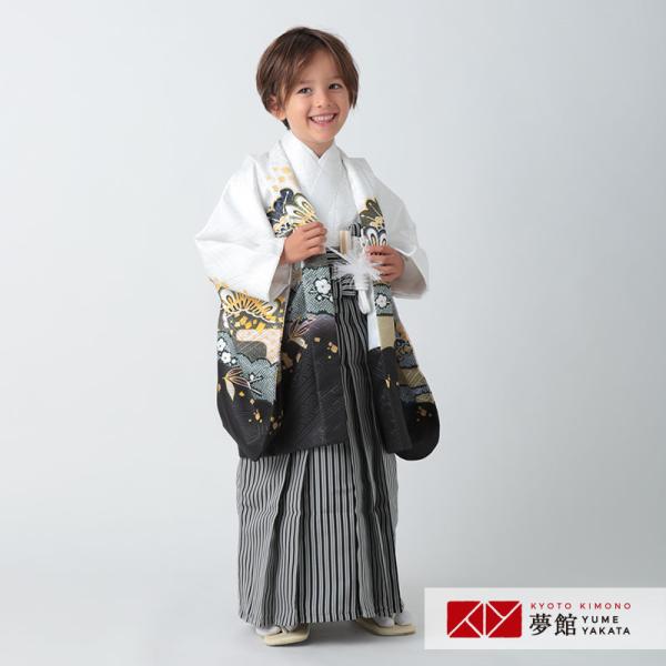 七五三男児　MIN28 黒＋MIN26白 七五三 着物 レンタル 753 5歳 男の子 白 松に菊×黒縞 端午の節句