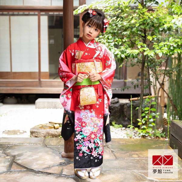 七五三 ７歳着物フルセット 赤地 花車 牡丹 七五三 7歳着物 レンタル フルセット 赤 鈴と牡丹桜 女の子 七歳 753