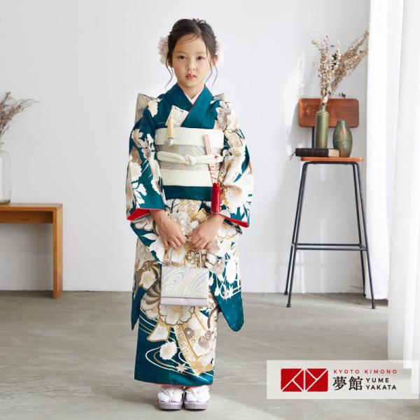 七五三 7歳着物 レンタル フルセット ブルーグリーン 流水に熨斗束と花々 女の子 七歳 753 四つ身N101