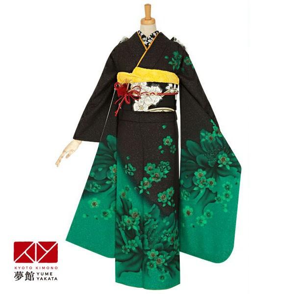 成人式振袖 緑 正絹 着物のみ SALE 振袖レンタル 黒×緑 桜(絹) 成人式 結婚式 一点物 対応身長