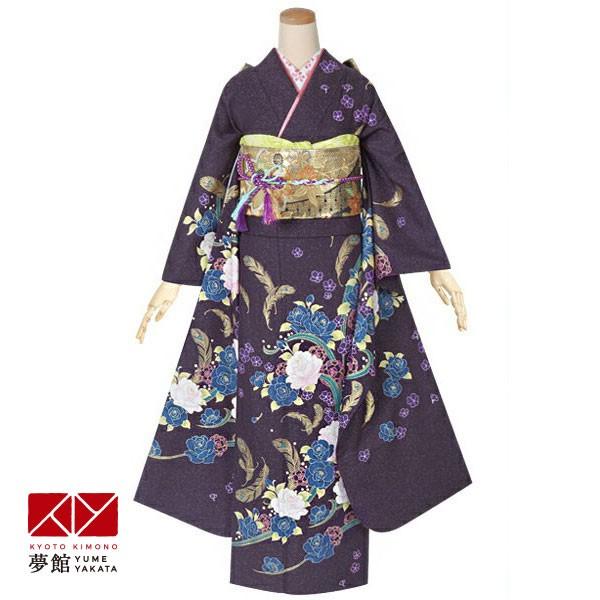 振袖レンタル 紫 薔薇と羽根(絹)(宅) 成人式 結婚式 一点物 対応身長 