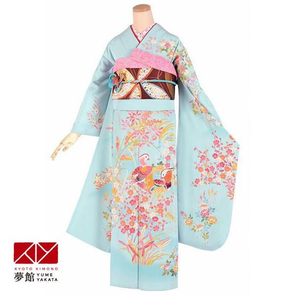振袖レンタル 訳あり特価 安い水色 加賀友禅 鴛鴦草花(絹) 成人式 結婚