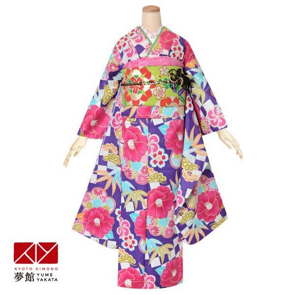 振袖レンタル 和遊日 紫 市松に椿笹菊 成人式 結婚式 対応身長154 