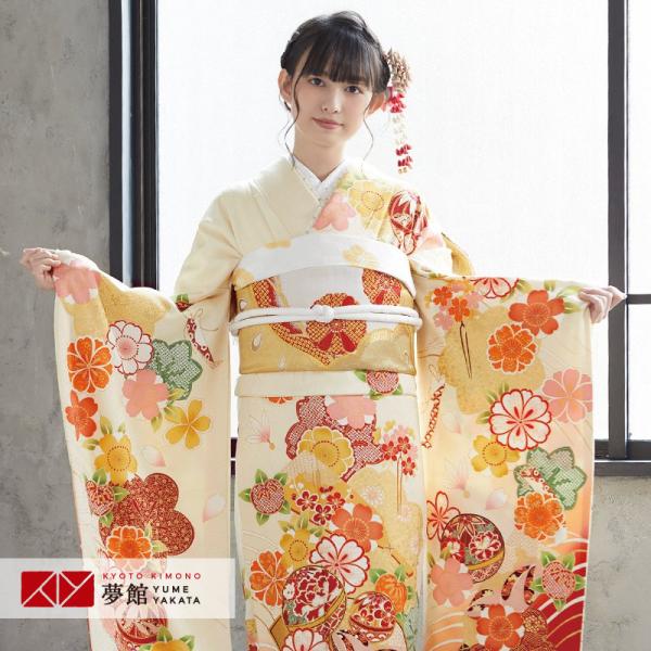 セール◆振袖＊トールサイズ　袷着物　扇に花々模様　淡い黄色　祝事に♪　5RY2 セール◇振袖＊トールサイズ 袷着物 扇に花々模様 淡い黄色 祝事に