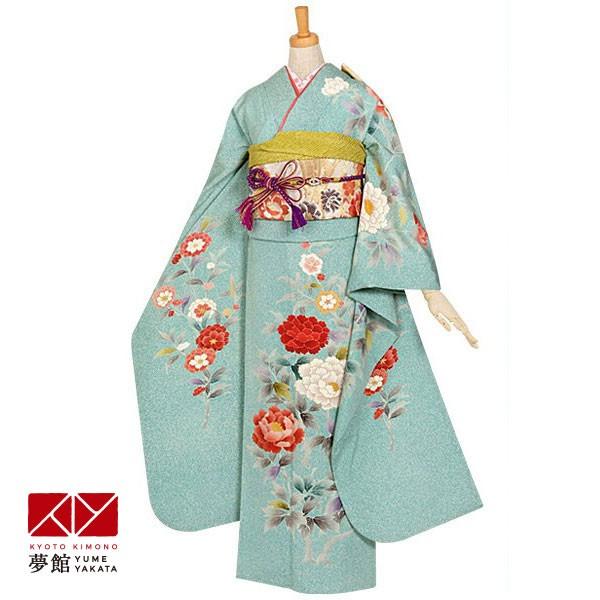 振袖 レンタル 成人式 結婚式 ブルー 清華牡丹(絹) 一点物12月〜1月