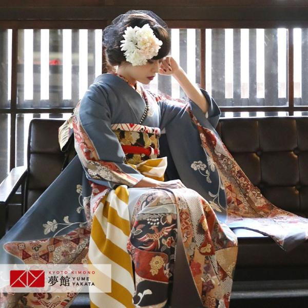 即日発送❗️花柄振袖 グレーと黄色　上品 華やか 成人式 結婚式　クリーニング済み yumeyakata_rs826