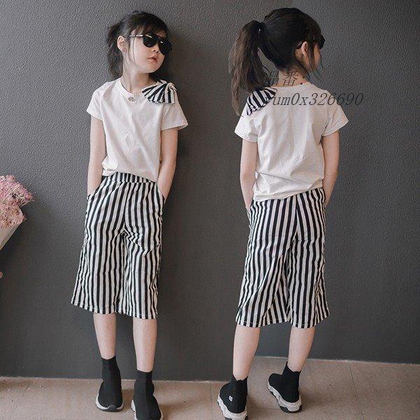 子供服 カジュアル 女の子 可愛い ジュニア キッズ 小学生 半袖 新品 Tシャツ セットアップ おしゃれ 2点セット 上下セット ストライプ 春夏 ガウチョパンツ Ypt Or Id