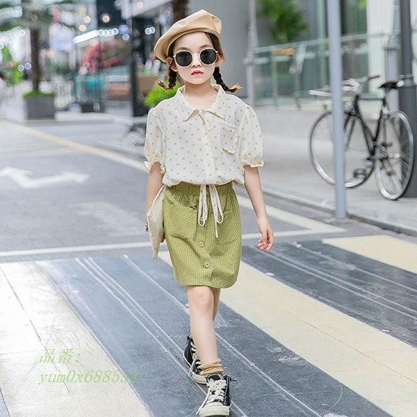 子供服 おしゃれ 150 ドット柄 女の子 キッズ セットアップ ジュニア 上下セット 小学生 ブラウス 新品 夏 2点セット カジュアル 可愛い 160 半袖 膝丈スカート Beijin Fr