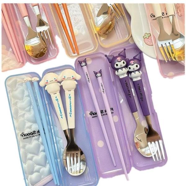 3点セット クロミ/シナモロール/マイメロ 子供箸 ステンレス鋼 プリン トレーニング お箸 スプーン 可愛い専用の 練習用食器 入学祝い  赤ちゃん お箸品名：キャラクター食器3点セット（フォーク＋スプーン＋箸）410ステンレスサイズ：5...