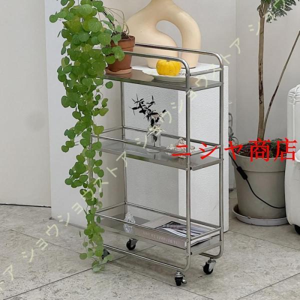 キッチンワゴン キャスター付き 収納ラック スリム ステンレス素材 3階隙間ラック 奥行19cm 25cm キャスター付き ガードレール付き キッチンラック キッチン